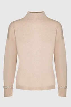Beige womens jumper with knitted ribbons on the cuffs