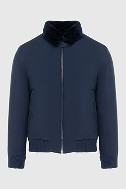 Jacket with fur in nylon and leather blue for men