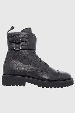 Women's black leather boots with chunky soles and buckles