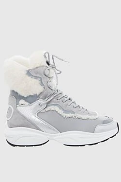 Women's gray sneakers-boots made of leather and fur