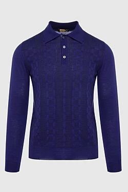 Long sleeve polo from silk, cashmere and crocodile leather blue men's