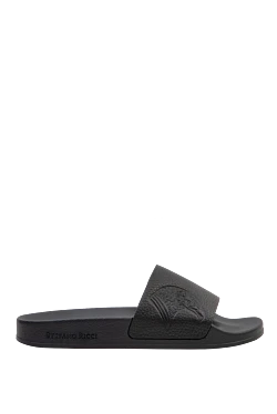 Чорні шльопанці з натуральної шкіри з об'ємним тисненням орла