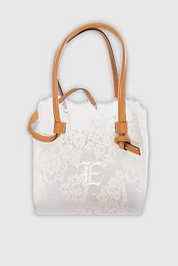 Women's white tote bag with lace and logo