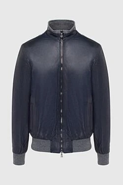 Mens dark blue leather jacket with contrast elastic inserts