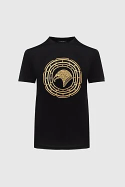 Black cotton T-shirt with a large central eagle symbol in gold.