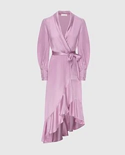 Women's purple silk midi dress with long sleeves and a belt