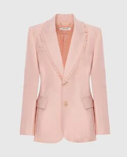 Women's beige linen jacket with raw edges on the lapels