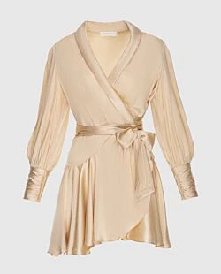Women's beige silk mini dress with long sleeves and a belt