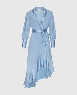 Women's blue silk midi dress with long sleeves and a belt