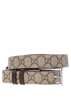Leather men's belt with a beige logo.