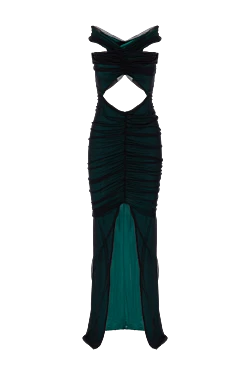 Green knitted dress with open shoulders and draping