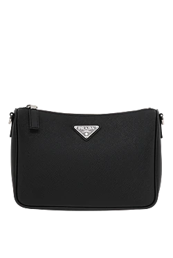 Black leather zip bag with logo