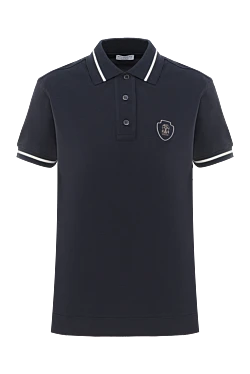 Women's blue polo with logo and stripes on sleeves and collar