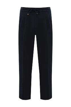 Men's Navy Blue Linen Cotton Drawstring Trousers with Pleats