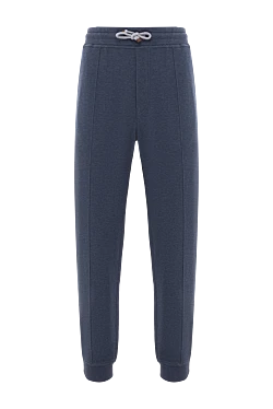 Blue cotton jogger pants with raised stitching and drawstring waist