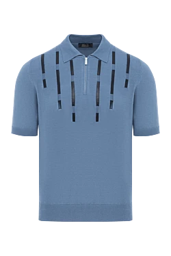 Блакитне чоловіче поло з бавовни та шовку зі шкіряними деталями