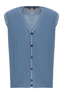 Жилет синього кольору з об'ємним плетінням та контрастним оздобленням на гудзиках.