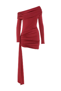 Асимметричное платье на одно плечо с драпировкой и удлинённой вставкой бордовое