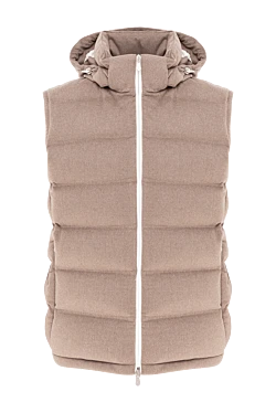 Жилет пуховый бежевый с капюшоном и контрастной молнией из шерсти