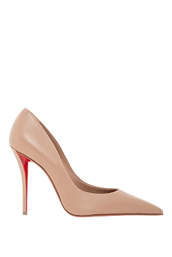 Туфли-лодочки бежевые кожаные на шпильке с красной подошвой