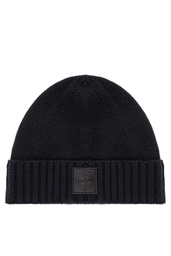 Синя шапка з чистого кашеміру з ребристими манжетами та однокольоровою нашивкою