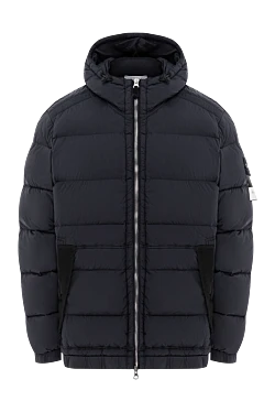 Dark blue down jacket with a hood and contrasting inserts