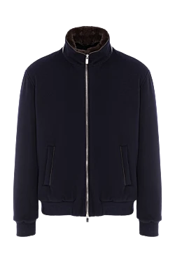 Blue wool bomber jacket with a natural fur collar