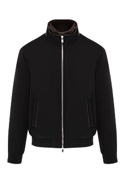 Black wool bomber jacket with a stand-up collar and zip fastening