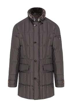 Сірий чоловічий пуховик з коміром-стійкою та обробкою з хутра