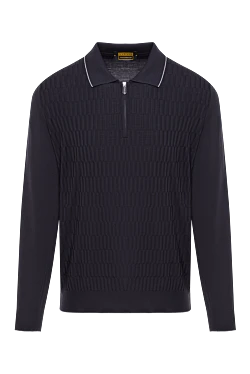 Men's blue long sleeve polo shirt with textured ribbed knit