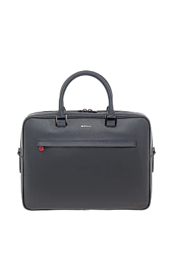 Темно-синий кожаный портфель из сафьяновой телячьей кожи на молнии