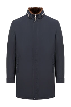 Men's dark blue insulated fur parka with a stand-up collar