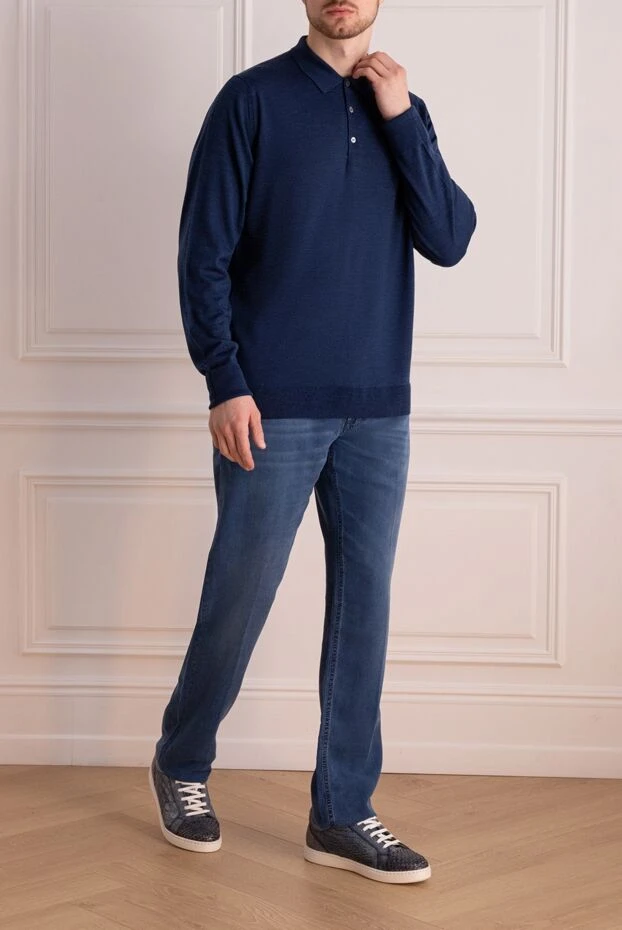 John Smedley man wool long sleeve polo blue for men 131800 - photo 2