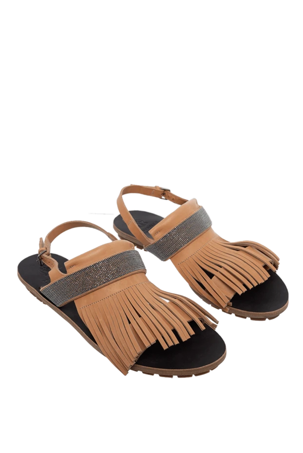Brunello Cucinelli шльопанці жіночі шкіряні з бахромою та блискучою смужкою бежеві 134249 - фото 3