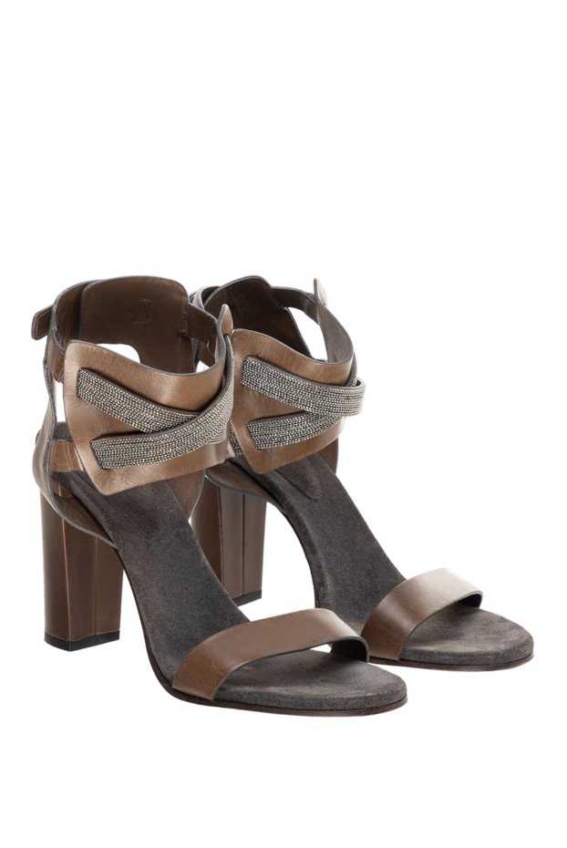 Brunello Cucinelli босоніжки коричневі жіночі шкіряні з блискучою сірою смужкою 134268 - фото 3