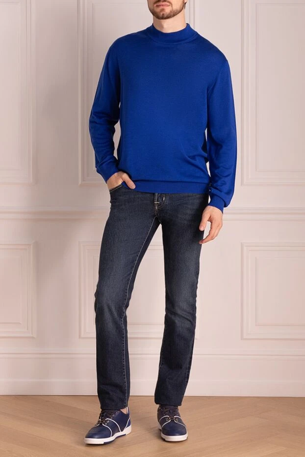 Cesare di Napoli man jumper with turtleneck in wool, silk and cashmere blue for men buy with prices and photos 138491 - photo 2