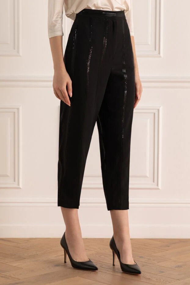 Brunello Cucinelli women's silk trousers in shiny stripe black 196582 - photo 3