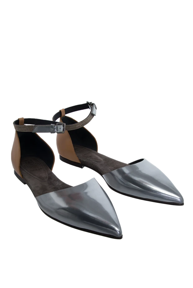 Brunello Cucinelli босоножки женские серебряные кожаные с коричневым задником 139030 - фото 3