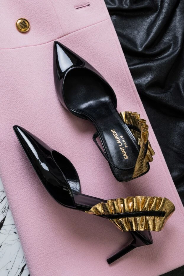 Saint Laurent women's black leather shoes with golden draping 139473 - photo 2