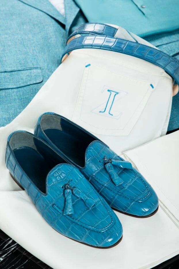Light blue crocodile leather tassel loafers with tassels for men - photo 2