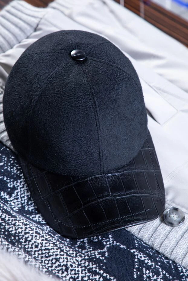 Cesare di Napoli cashmere cap with crocodile leather visor black for men 140814 - photo 3