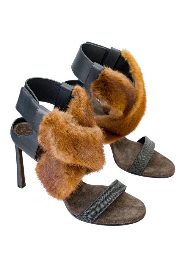 Brunello Cucinelli босоножки женские черные кожаные с коричневым мехом 141152 - фото 3