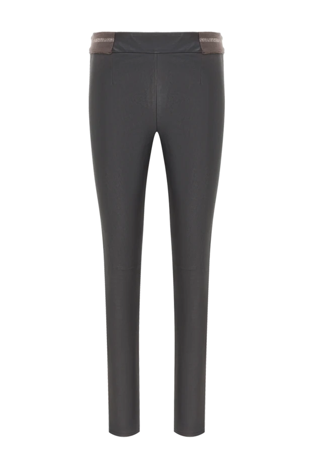 Шкіряні штани темно-шоколадного кольору з контрастним еластичним поясом - фото 1