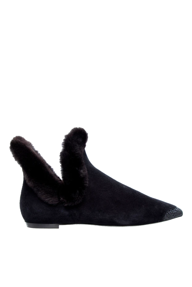 Women's suede ankle boots with fur and a shiny toe in black