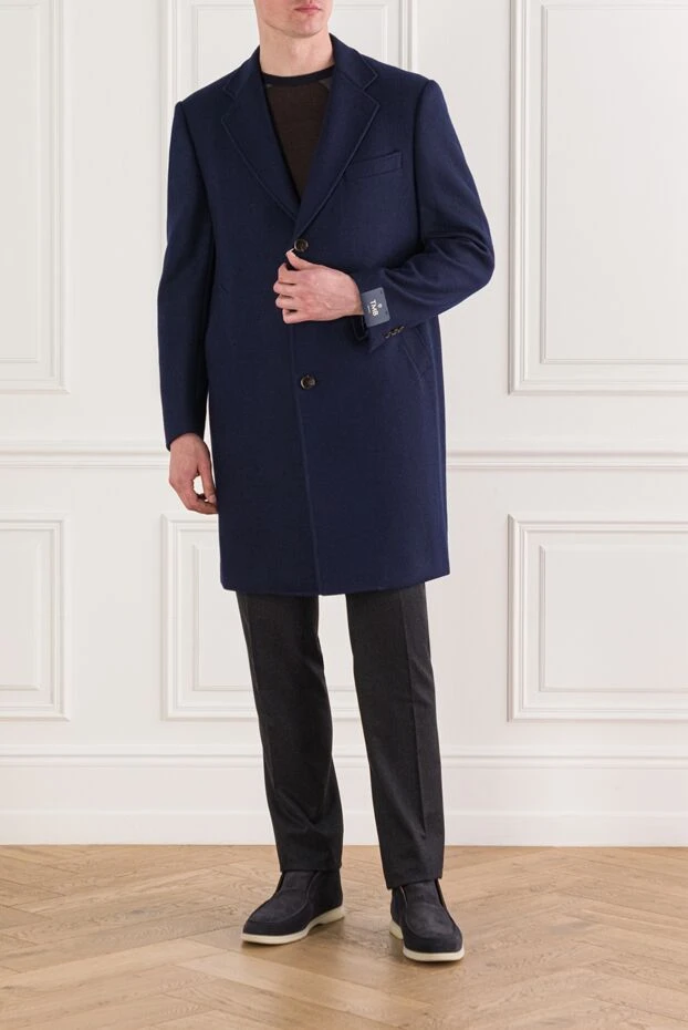 Пальто класичне вовняне синє з контрастним хутряним шалевим коміром чоловіче - фото 2