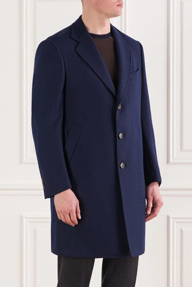 Tombolini пальто классическое шерстяное синее с контрастным меховым шалевым воротником мужское 142776 - фото 3