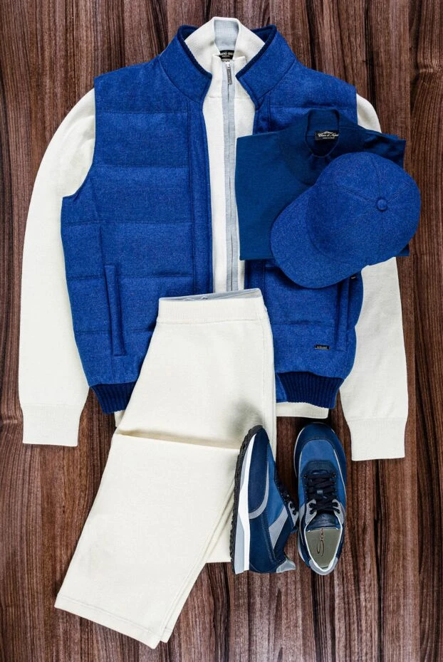 Костюм спортивный бежевый с воротником-стойкой и контрастными вставками мужской - фото 2