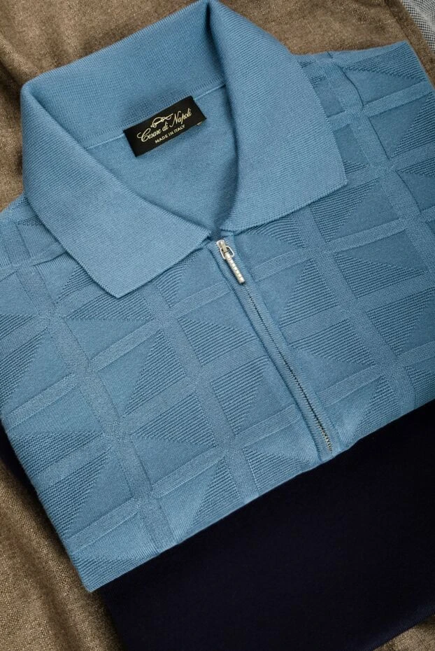 Blue silk polo shirt with a textured pattern men's - photo 2