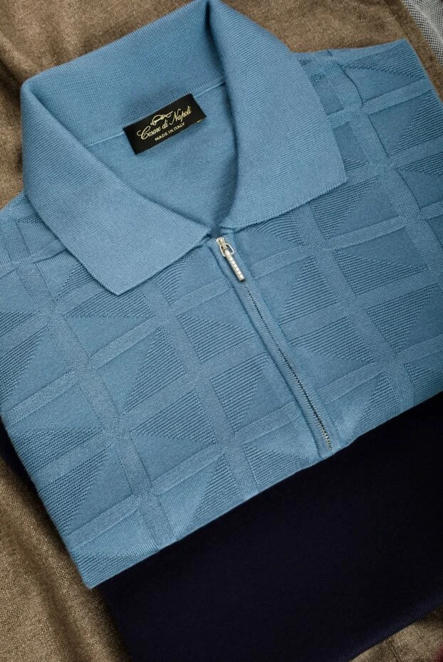 Cesare di Napoli blue silk polo shirt with a textured pattern men's 143283 - photo 3