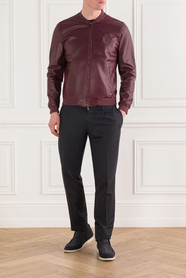 Billionaire mens burgundy leather bomber jacket decorated with a tonal brand emblem 144512 - photo 2